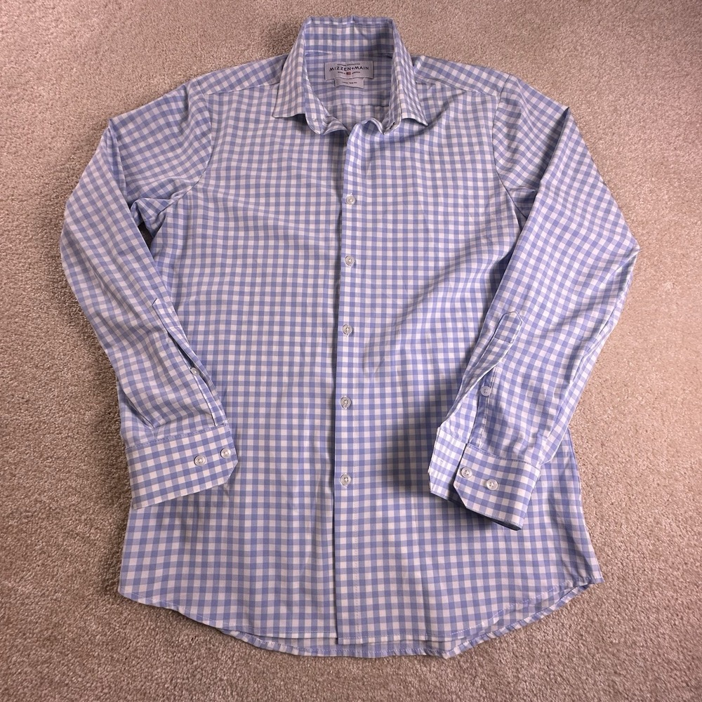 Mizzen + Main Men's Shirt Leeward Large Trim Fit Light Blue White Gingham Plaid